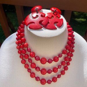 ❤️❤️ VTG JAPAN Signed 3-Strand Red Necklace Earrings